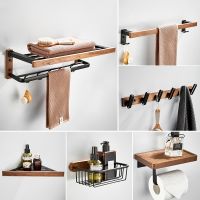 ┇♣✐ Walnut Wood Black Bathroom Hardware Set Towel Rack Toilet Paper Holder Towel Bar Robe Hook Shelf Bathroom Accessories