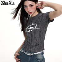 Zhu Xia เสื้อยืดแขนสั้นเปิดไหล่ด้านหน้าสีเทาสำหรับผู้หญิงอเมริกาแบบย้อนยุคฤดูร้อนการออกแบบ Cewek Seksi เซ้นส์นิชเอวสูงเสื้อยืดสั้น