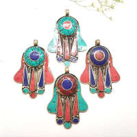 ZZOOI TBP328 Tibetan Buddha Hand Amulet Pendants White Metal Copper Inlaid Colorful Stone Vintage Pendant