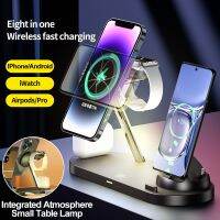 8 In 1 LED Magnetic Wireless Charger Stand สำหรับ 14 13 12 Pro Max Induction Fast Charging Station