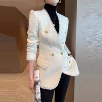 ♨▣☈ Fashion Breasted Tweed Blazer Coat French Sleeve Outwear Office Tassel Patchwork Jacket