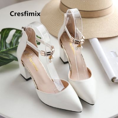 Cresfimix Women Cute Sweet White Pu Leather Buckle Strap High Heel Pumps Lady Classic Beige Heels Fashion High Heel Shoes B5528