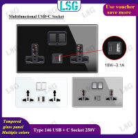 ซ็อกเก็ตไฟฟ้าติดผนังพร้อมพอร์ต USB และ Type-C ชาร์จได้เร็วแบบอัจฉริยะ PD18W 3.1A แผงกระจกนิรภัยแบบ146เต้ารับอเนกประสงค์สำหรับผนังจุดจ่ายไฟคู่3รู