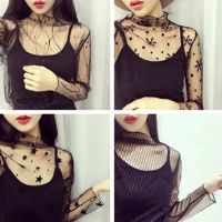 Black Sexy Womens T-shirt Fishnet Sheer Transparent Top Women Long Sleeve Bottoming Shirts Lace Mesh Tees Summer Sunscreen Tops