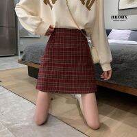 COD ✾ vffe899 CNY Skirt New High Waist Red Plaid Midi Skirt Korean Style Short Skirt Womens A-line Skirt