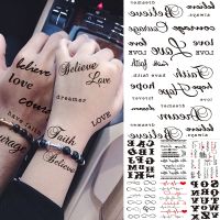 Unique English Letter Temporary Tattoos For Men Women Kids Verses Sanskrit ECG Realistic Tattoo DIY Love Believe Fake Tatoo Stickers