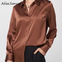 Alisa Sonya เสื้อเชิ้ตผ้าซาตินสำหรับผู้หญิง,เสื้อเบลาส์แขนยาวติดกระดุมแถวเดียวยืดได้สีพื้นไซส์ใหญ่พิเศษ9สำหรับผู้หญิง