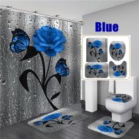 3D Rose Butterfly Bathroom Non-slip Mat Set Waterproof Print Shower Curtain Toilet Lid Cover Bath Mat Rugs Set