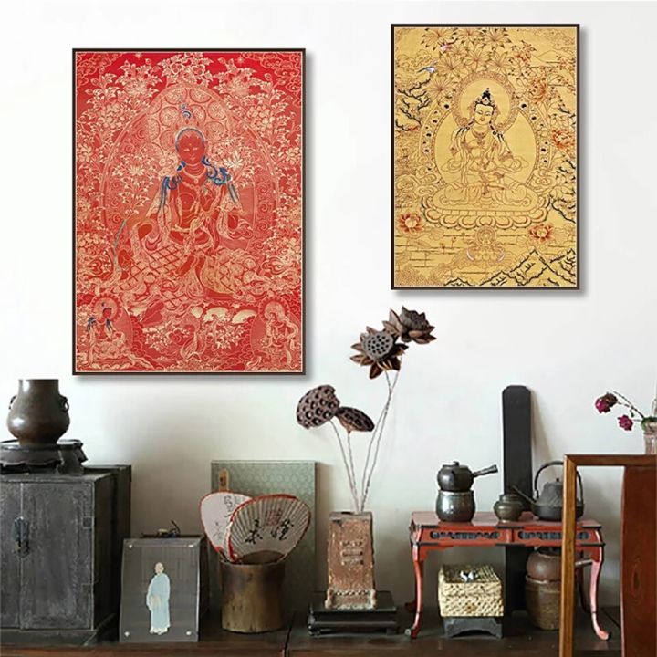 พุทธพระพุทธรูป-thangka-ผ้าใบพิมพ์โปสเตอร์ภาพวาด-art-อินเดียจีน-zen-ภาพผนัง-retro-ตกแต่งบ้าน-new