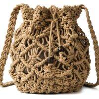 Vintage knitting cotton rope small bucket straw bag travel vacation mini cool hand knitting bags