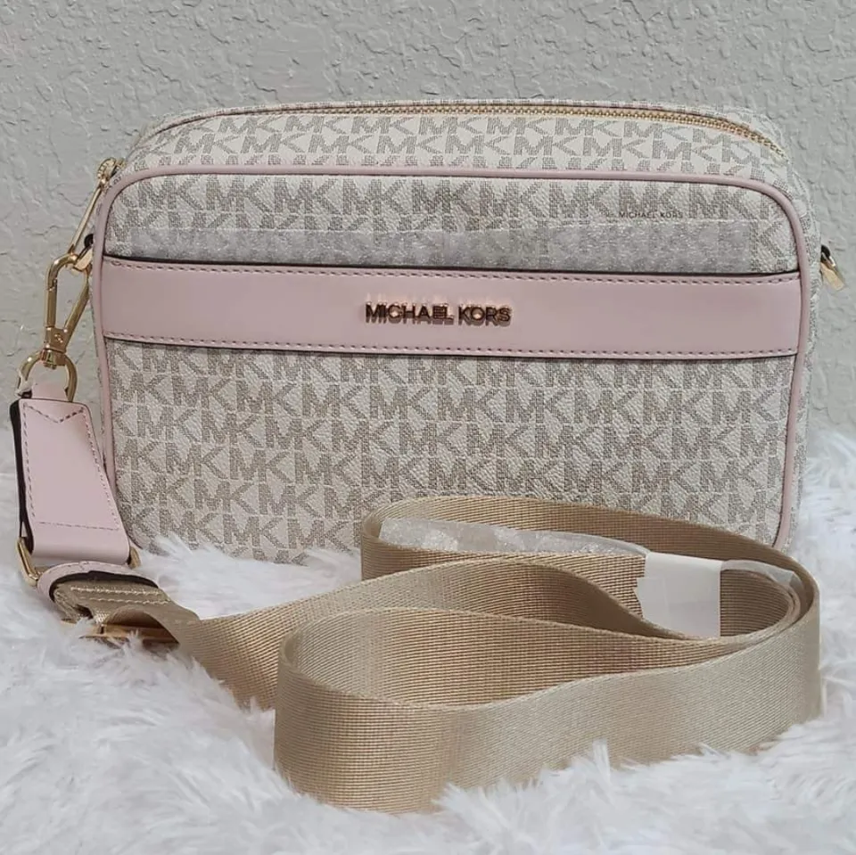 J2S Michael Kors Kenly Pocket Large Pocket Crossbody Bag in Powder Blush  Signature Logo Print Canvas with Leather Trim - Unisex Bag