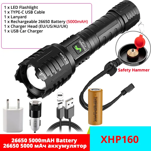 xhp160-16-core-xlamp-led-flashlight-ultra-bright-portable-aluminum-lantern-with-tail-emergency-safety-hammer-tactial-zoom-lamp