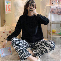 2021Winter Pajamas Ladies New Round Neck Suit Flannel Cartoon Sweet and Warm Casual Home Service Two-piece Suit