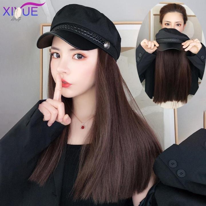 K💕WIG 4 Colors Navy Hat With Hair Long Straight Fake Hair Hat Wig ...