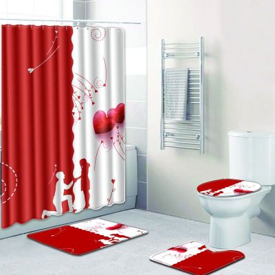 Romantic Bathroom Bath Mat Shower Curtains Anti Slip Bath Floor Mat Toilet Seat Cover Kit Washable Curtain Kit Bathroom Carpet