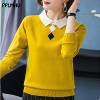 Fashion Turn-down Collar slim knitted ladies sweaters Elegant warm long sleeve womens pullovers Korean patchwork color top