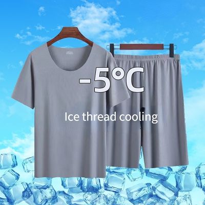 Pajamas Sets Summer Thin mens Ice Silk Cozy Pajama Short Sleeve Round Neck Fashion No Trace Casual Home Clothing Plu Size New