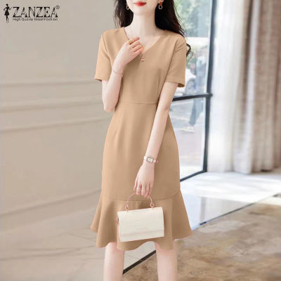 (สินค้ามาใหม่)(จัดส่งฟรี)Fancystyle ZANZEA ชุดชุดเดรสสตรีสไตล์เกาหลีสำหรับผู้หญิงใส่ในสำนักงานชุดเดรสมิดิมีซิปหลังรูปนางเงือกชุดเดรสมีระบายคอวีสำหรับฤดูร้อน #11