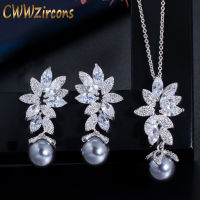 Cwwzircons เก๋สวย Cubic Z irconia ดอกไม้เงินแฟชั่นสีเทามุกสร้อยคอต่างหูชุดเครื่องประดับสำหรับผู้หญิงของขวัญ