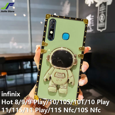 JieFie น่ารักนักบินอวกาศกรณีโทรศัพท์สำหรับ infinix Hot 10 / 10S / 10T / 10 Play / 10S NFC / Hot 11 / 11S / 11 Play / 11S NFC / Hot 12 / 12i / 12 Play / Hot 8 / Hot 9 / 9 Play Luxury Colorful Glossy Square TPU Phone Cover With Folding Stand