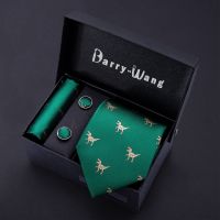 Dinosaur Men Ties Green Gold Silk Men Wedding Necktie Handkerchief Gift Box Set Male Ties For Men Gift Barry.Wang Gravat BB-5192