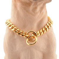 Gold Dog Collar Necklace,Heavy Duty Cuban Dog Chain for Dogs,Strong Stainless Steel Metal Links Slip Chain Collar