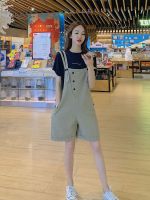 【Ready】? Salt khaki denim suspenders overalls womens summer spring and autumn shorts summer thin loose wide-leg jumpsuit