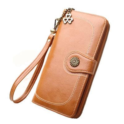 Coin Purse Long Zipper Oil Wax Leather Hand Bag Mobile Phone Bag Retro Large Capacity Clutch Hand Bag Card Holder Card Holder