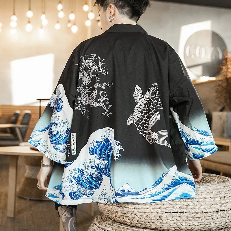 Chinese Style Print Men Kimono Cardigan Set Plus Size Male Yukata