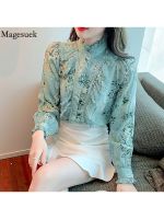 Spring Floral Printed Blouse Women 2022 Fashion Long Sleeve Ruffle Stitching Shirts Stand Collar Vintage Flower Blouse Top 18757