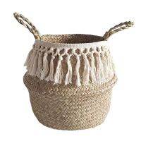 Handmade Storage Baskets Seagrass Wicker Basket Garden Flower Pot Laundry Basket Container Toy Holder With White Tassel