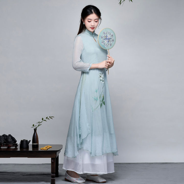 สไตล์ชาติพันธุ์สไตล์จีน-fairy-girl-self-cultivation-stand-collar-หัวเข็มขัดปรับปรุง-cheongsam-aodai-ชุดชา3239