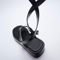 2021 Summer Womens Shoes Square Head Black Bandage Flat Bottomed Cow Leather Fashion Clip Toe Sandals Sandalias Mujer Slides