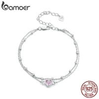 Bamoer 925 Sterling Silver Double Layer Bracelet Barbie Pink Heart Adjustable Chain Link For Women Valentines Day Gift