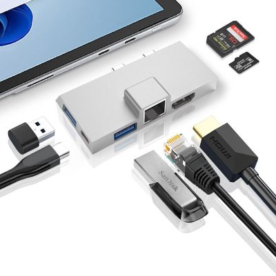 ฮับ Type-C USB C แท่นวางมือถือสำหรับ Microsoft Surface Pro 9 8 X พร้อม4K HDMI-USB ที่เข้ากันได้ USB 3.0 RJ45 PD 100W อ่านช่องเสียบบัตร Feona
