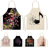 1Pcs Note Guitar Piano Kitchen Aprons For Women Cotton Linen Bibs Household Cleaning Pinafore Home Cooking Apron