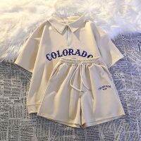 COD ชุดออกกําลังกายผู้หญิง ชุดออกกําลังกาย Preppy polo sportswear suit womens summer loose running salt shorts loose casual two-piece set ชุดว่ายน้ํา