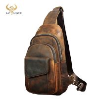 ✤ Hot Sale Men Crazy Horse Leather Casual Fashion Chest Sling Bag 8 quot; Tablet Design Triangle One Shoulder Cross Body Bag Male 8013