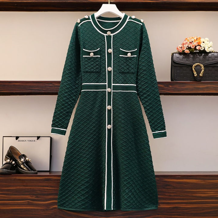 high-quality-spring-fall-korean-fashion-knitted-sweater-dress-women-slim-button-bright-shinny-vintage-party-christmas-dress-robe