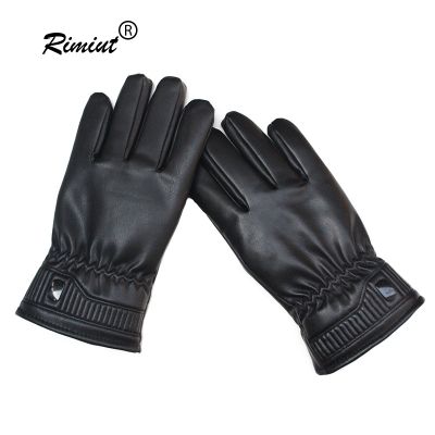 Rimiut Black PU Leather Down Cotton Thick Gloves for Men Women Motorcycle Driving Warm Skiing Gloves Touch Screen Winter Gloves