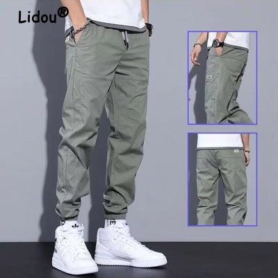 Casual Ventilate Patch Solid Color Mens Cargo Pants Classic Waist Drawstring Street Casual All-match Tie Ones Feet Trousers