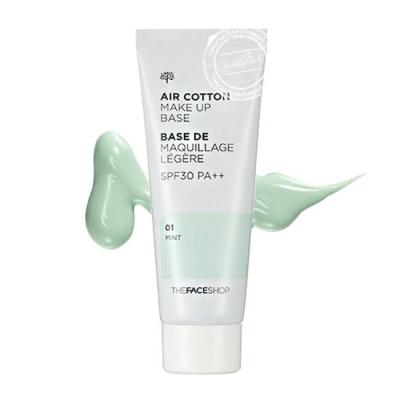 The Face Shop Air Cotton Make Up Base SPF30 PA++#1green เบสผสมสารป้องกันแสงแดด เนื้อเนียนละเอียด ช่วยปรับสีผิวให้แลดูสม่ำเสมอ กระจ่างใส ปกปิดจุดบกพร่องบนใบหน้า