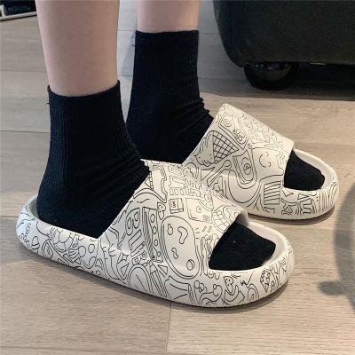 Article to the fashion popular logo graffiti cool summer slippers female Eva odor-proof soft bottom couples in street fashion slippers male