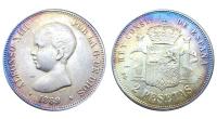 จี้ห้อยคอสไตล์สเปน1st 1889 Mp 2 Pesetas Alfonso Xiii รูปมงกุฎเสื้อแขนของสเปนพร้อมเสาชุบเงินเหรียญปลอม