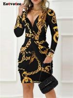 【YF】 Eotvotee Chain Print Dresses for Women 2023 New Fashion Black V Neck Long Sleeve Autumn Casual Chic Slim Sexy Dress