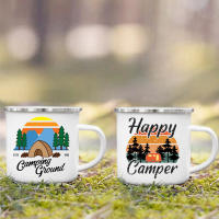 Happy Camper Enamel Mug Mountain Adventure Water Cups Handle Drinkware Vacation Hiking Camping Cup Bonfire Party Mugs Travel Gift