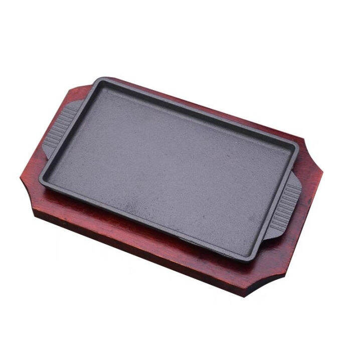 Sizzling Plate Cast Iron with Wood Base Korean Type Double Handle