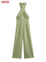 Tangada Women Vintage Green Halter Jumpsuit Adjustable Spaghetti Strap Sleeveless Rompers Ladies Casual Chic Jumpsuits 1M22