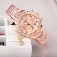 【July】 Explosive foreign trade fashion womens watch Geneva three-eye diamond-encrusted steel belt calendar ladies quartz