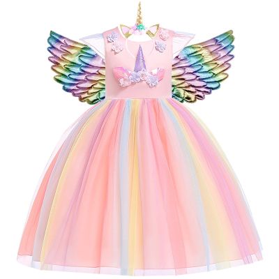 Girls Unicorn Tutu Dress Rainbow Princess Dress For Birthday Party Kids Christmas Halloween Cosplay Costume With Headband Wings